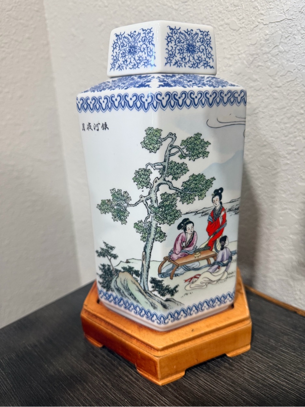 Hexagonal Chinese Porcelain Floral Vase Large- w/ large Wooden base